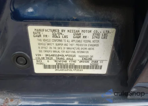 2005 Nissan Sentra Se-R из США, поврежденный, VIN 3N1AB51D45L493515